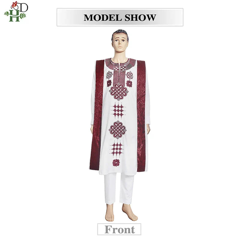 H&D Embroidered Dashiki Agbada Men African Traditional Clothes Ankara Outfit Cover Shirt Pants 3 PCS Suit Muslim Sets
