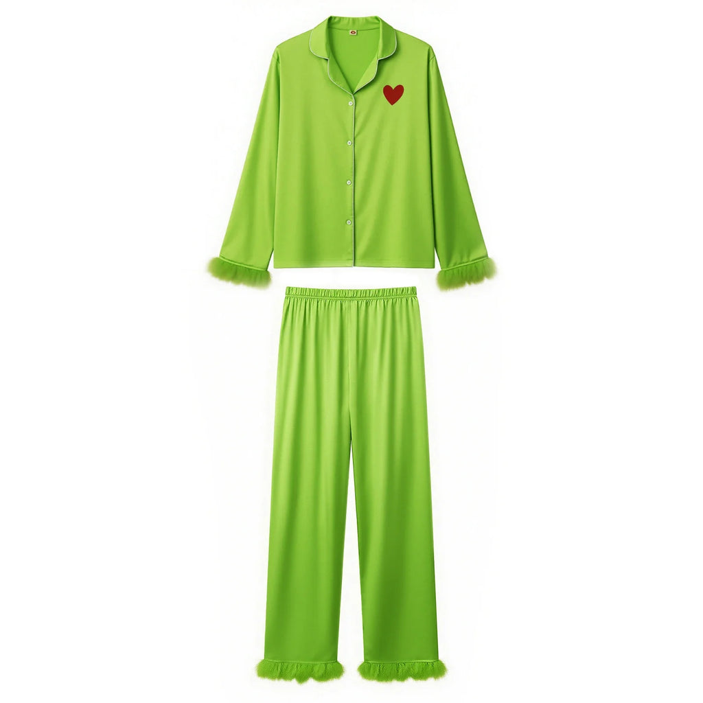 Family Green Satin Silk Christmas Pajamas Button down Shirt Sleepwear Jammies Set