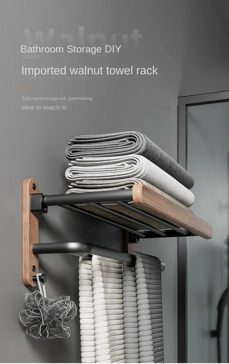 Modern Wooden Bathroom Wall Storage Rack – Shelves, Towel Bar & Hooks Set