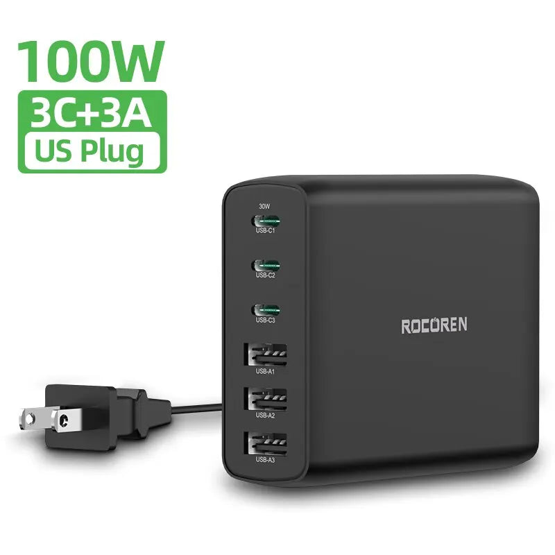 Rocoren 100W USB Charger Type C 6 Ports Desktop Charger Station