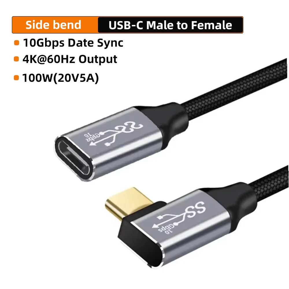 5A Type C Male Female 90 Angle Cable USB C Extension Cable Fast Charging USB Type C 3.1 PD100W Quick Charge With Corner Cables
