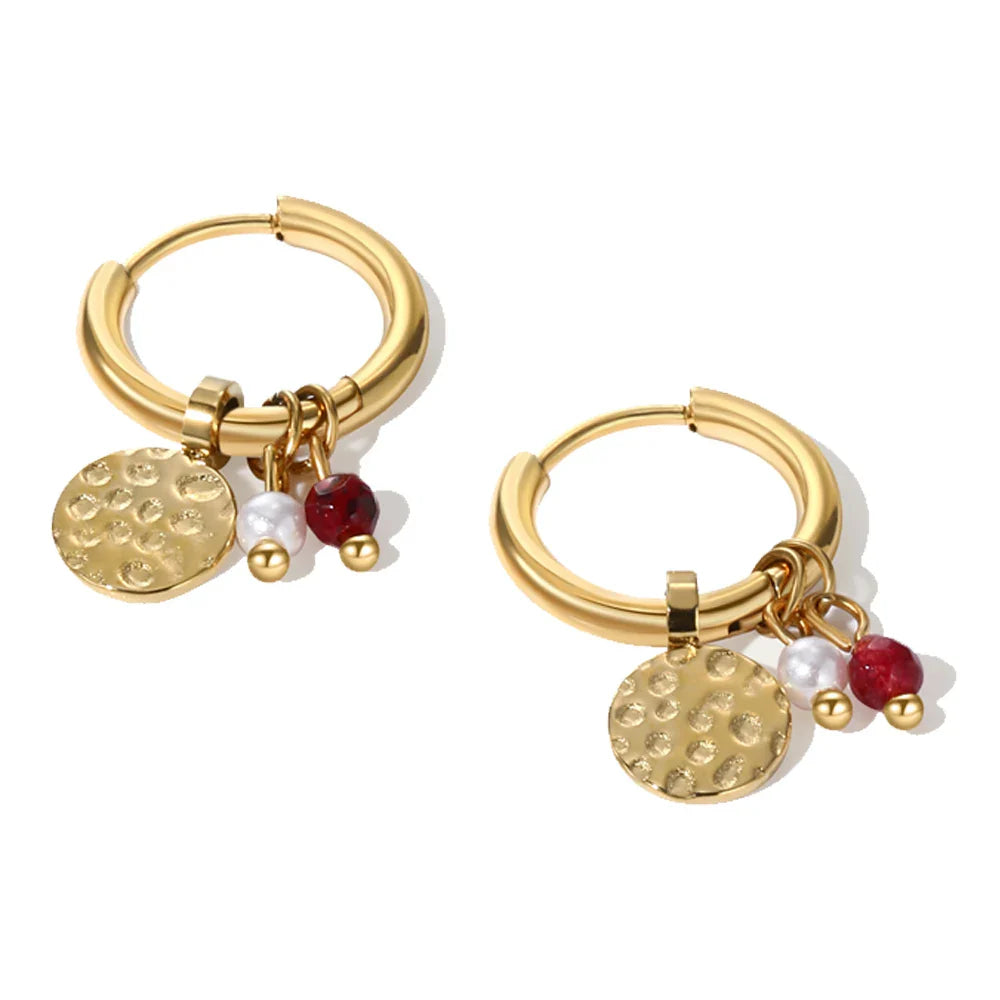 YACHAN 18K Gold Plated Stainless Steel Hoop Earrings for Women Natural Stone Pink Cute Charms Waterproof Jewelry