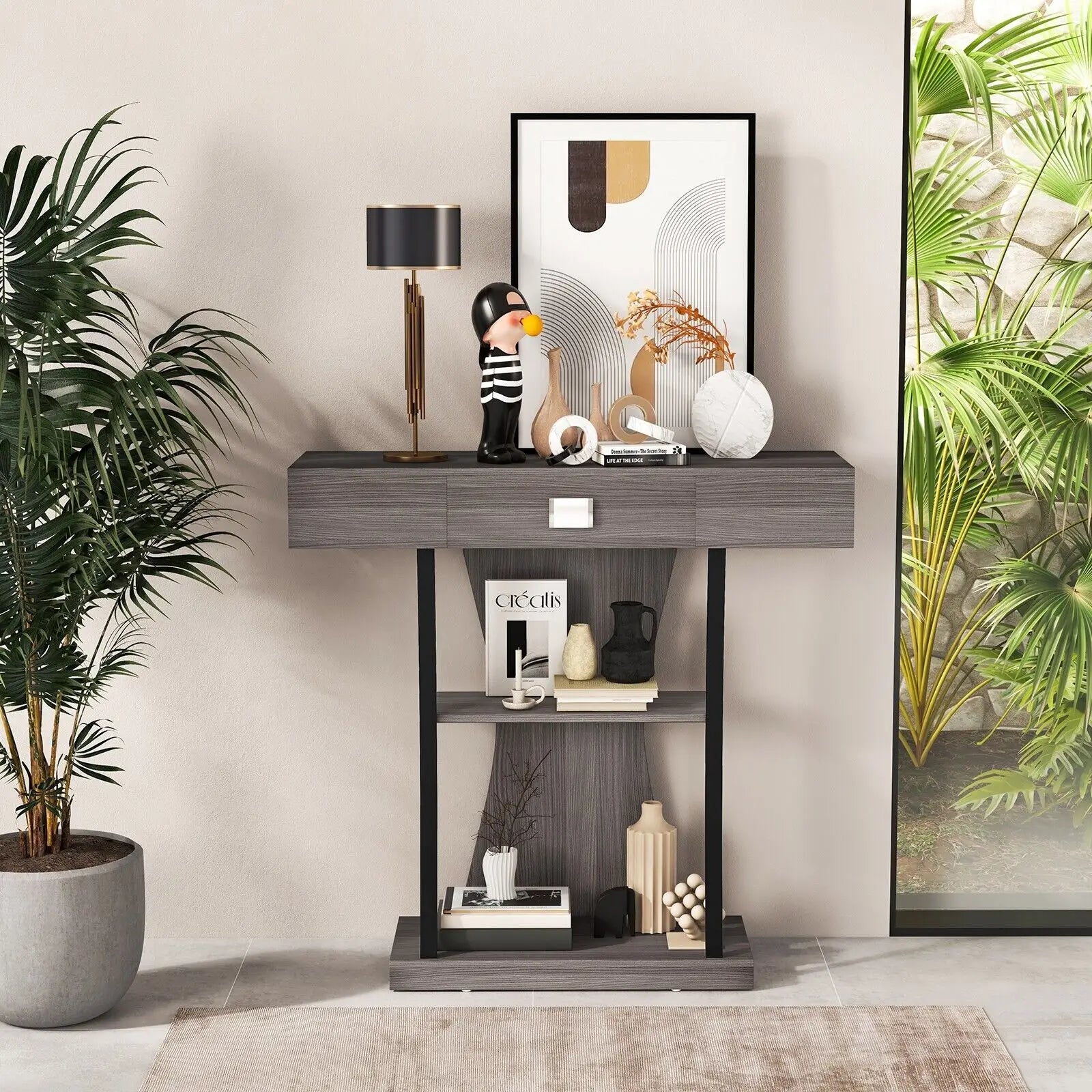 GOFLAME T-Shaped Industrial Console Table Narrow Sofa Side Table Entryway Display Shlves