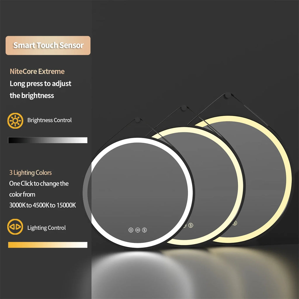 60/70/80CM Round LED Bathroom Mirror Wall Hanging Frontlit Vanity Makeup Mirror with Leather Strap Touch Anti-fog