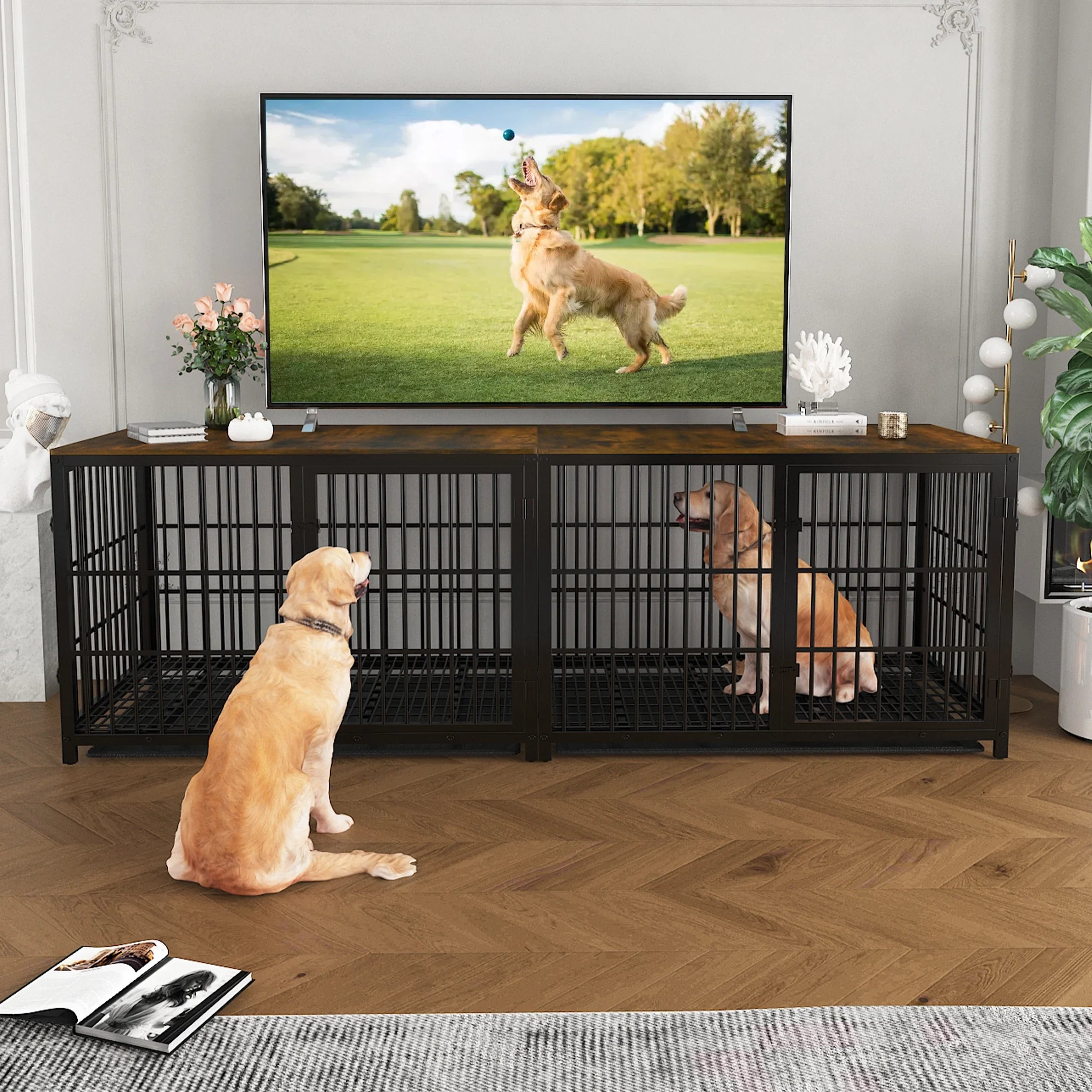Furniture Style Dog Cage XXL Wooden Pet Kennel End Side Table with Tray and 3 Doors for Medium to Large Dogs