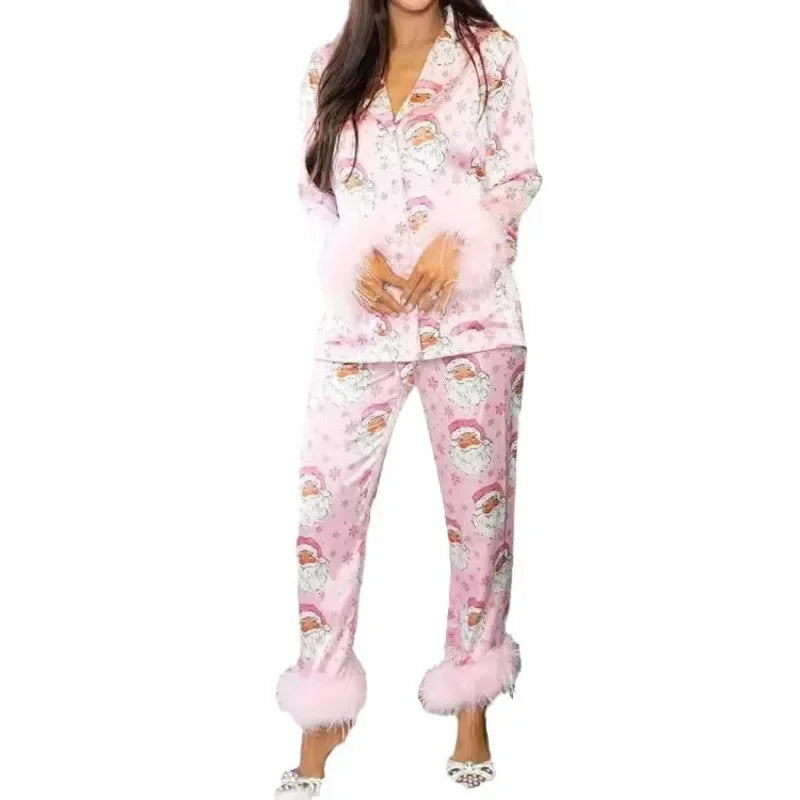 Women's Christmas Tree Plaid Satin Print Pajama Set Autumn Winter Home Sleepwear Long Sleeve Ankle-Length Pants Mid-Waist