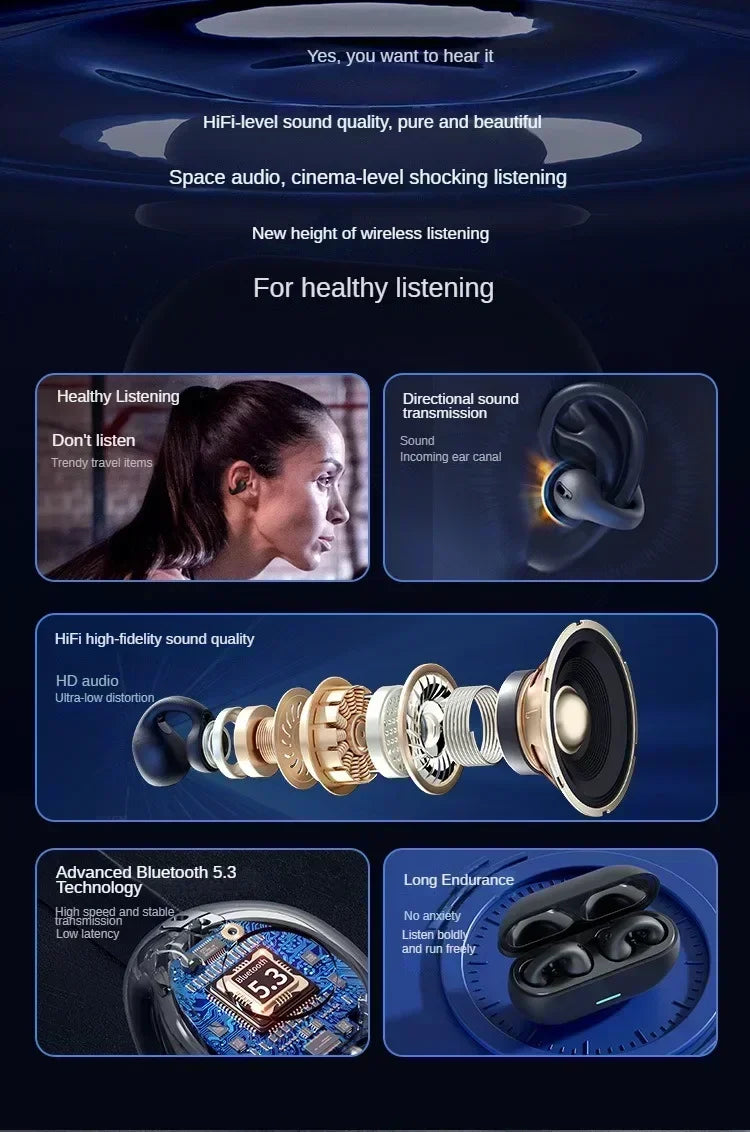 NEW Bluetooth 5.3 Wireless Bone Conduction Headphones T75 Clip Ear Music Noise Canceling Headset HD Call Sports Gaming Earphone