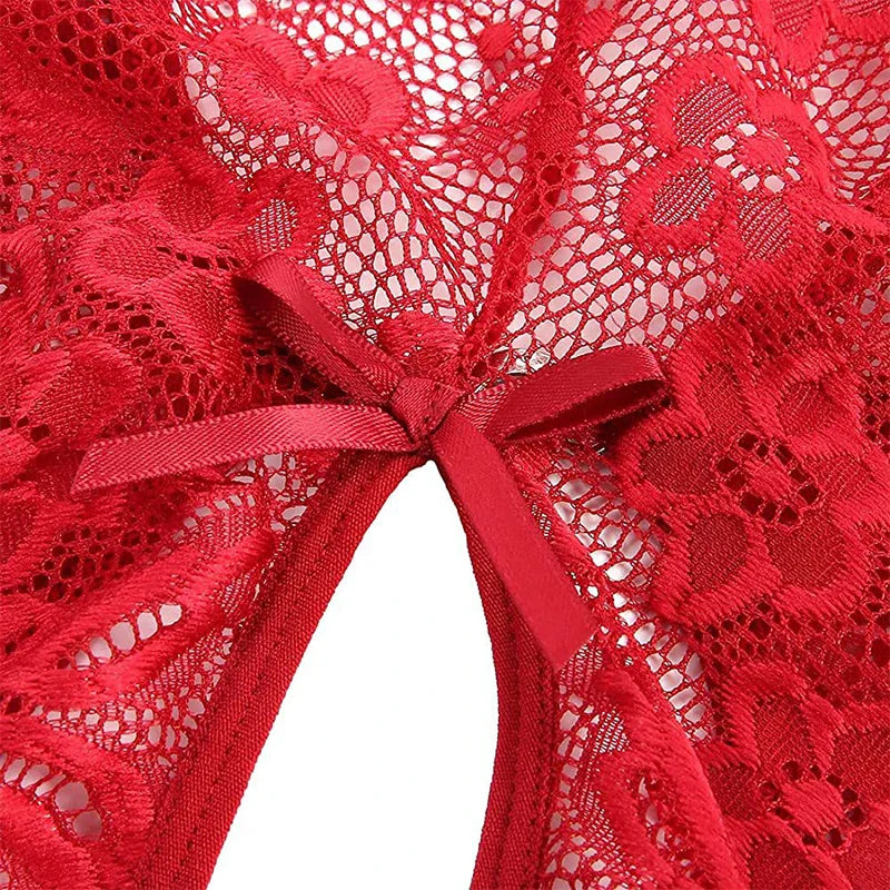 Sexy Crotchless Blue Lingerie Women Lace Hollow Bodysuit Erotic Pajamas Teddy Babydoll Dress Deep V Open Bra Porn Underwear Set