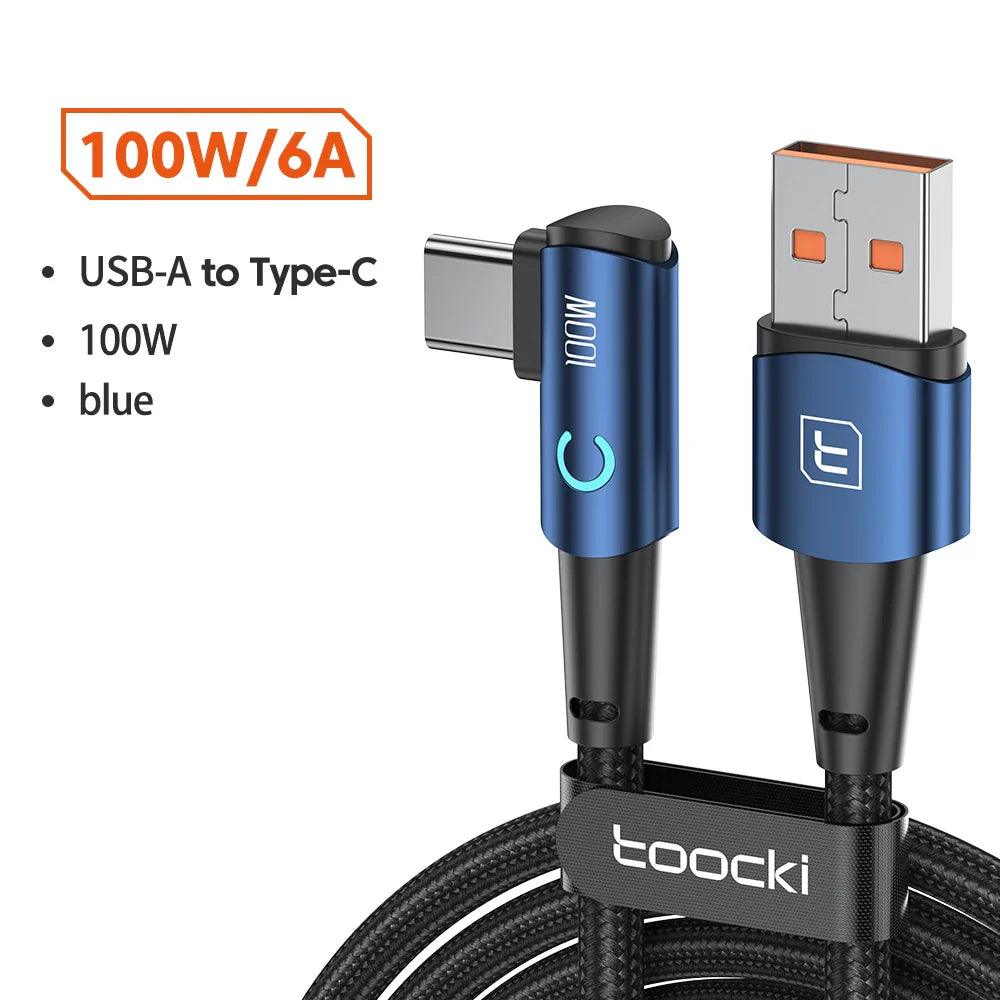 Toocki 90 Degree Elbow USB Type C Cable 100W 5A Fast Charging Data Cord For Huawei Xiaomi Samsung USB C To Type C Cable Gaming
