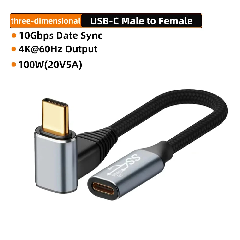 5A Type C Male Female 90 Angle Cable USB C Extension Cable Fast Charging USB Type C 3.1 PD100W Quick Charge With Corner Cables