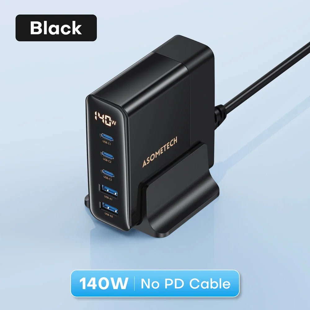 ASOMETECH 140W GaN USB Type C Fast Charger Multiple Ports QC4.0 PD Quick Charger For Macbook Laptop Tablet iPhone 14 Samsung S23