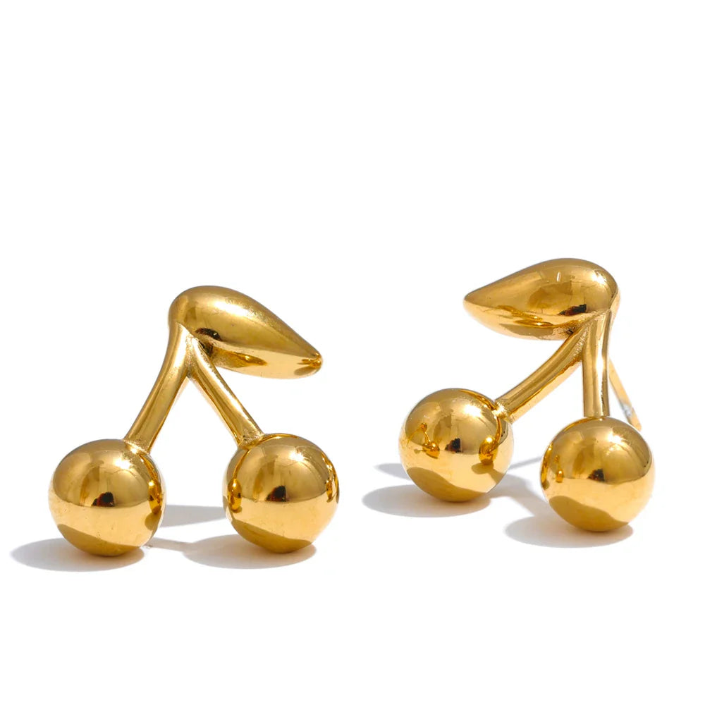 Yhpup 316L Stainless Steel Metal Chic Cherry Golden Stud Earrings Water Resistant Charm Fashion Jewelry 18K PVD Plated Wholesale