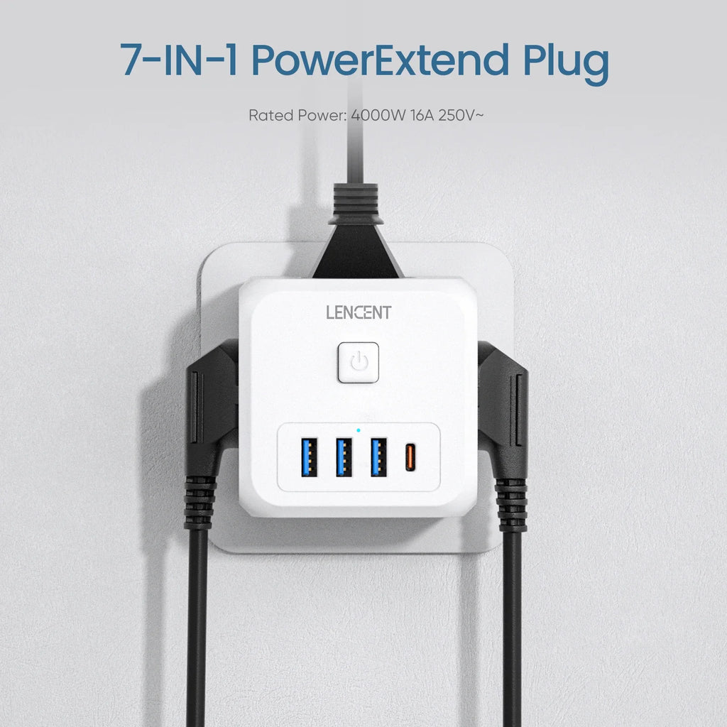 LENCENT EU Plug Power Strip Wall Socket with 3 AC+3 USB QC 18W +1 Type C PD 35W Fast Charger Adapter 7-in-1 Socket On/Off Switch