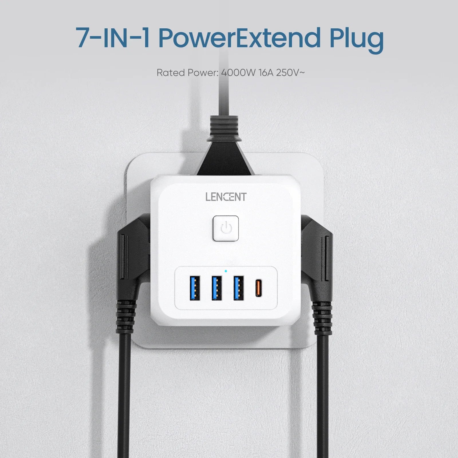 LENCENT EU Plug Power Strip Wall Socket with 3 AC+3 USB QC 18W +1 Type C PD 35W Fast Charger Adapter 7-in-1 Socket On/Off Switch
