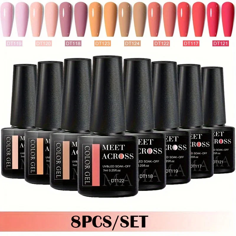 MEET ACROSS 8Pcs/Set Gel Nail Polish Set for All Season Neon Marcaron Green Red Series UV Gel Varnish Manicure Kit Nail Supplies