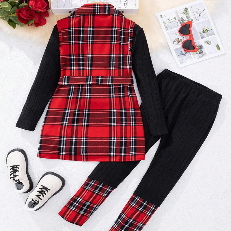 Winter Girls Three Piece Set Cute Warm Plaid Printed Jacket Long Sleeved Pants Princess Style Birthday Party Dress