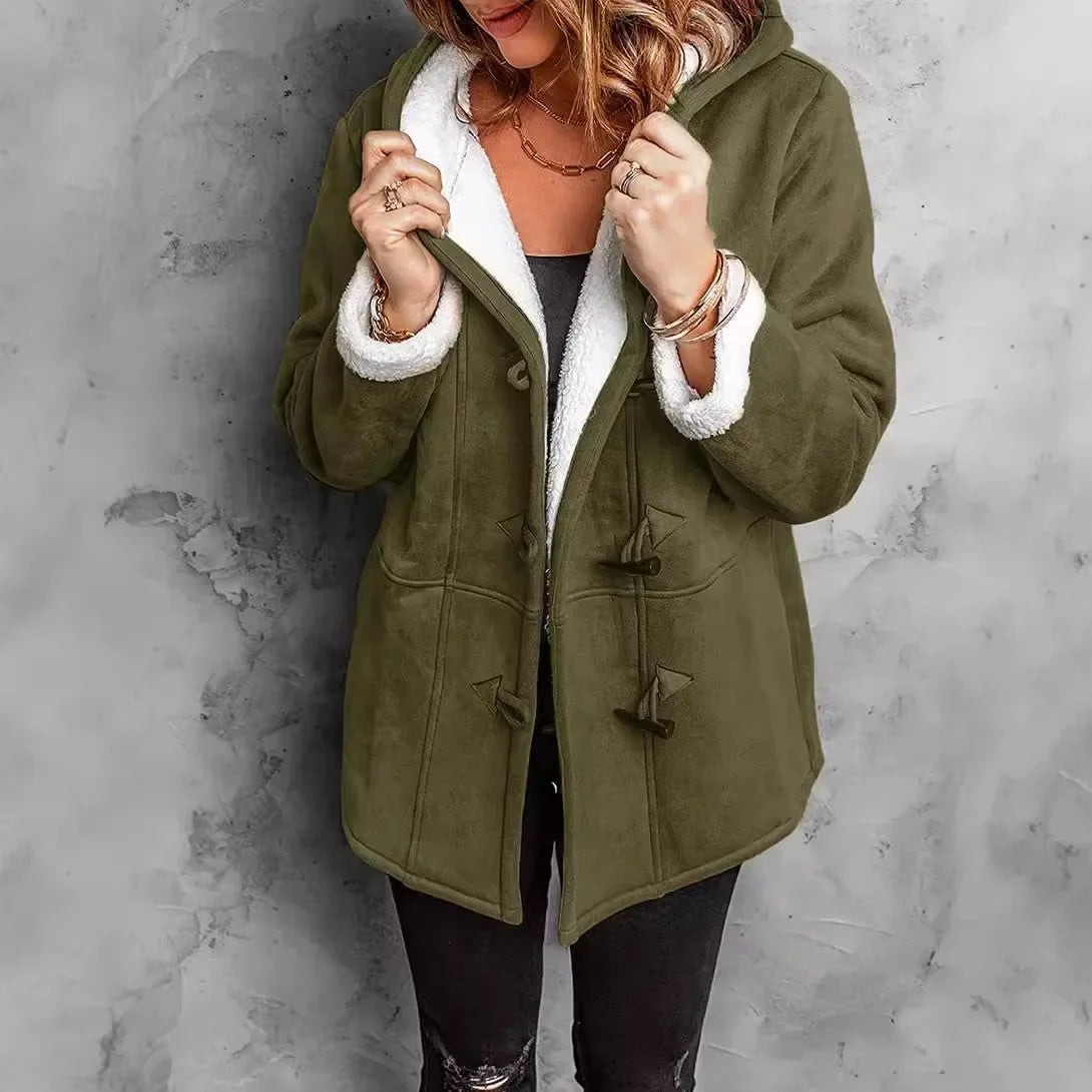 Women’s Faux Wool Hooded Coat with Fleece Lining – Warm Toggle Jacket