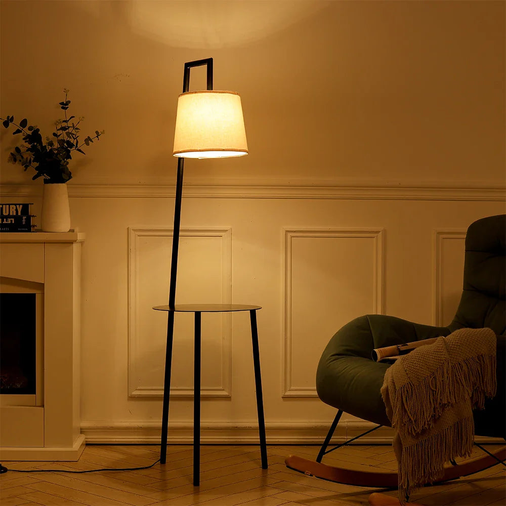 KOMORE 60 W Metal Tray Table Floor Lamp with Linen Lampshade for Living Room Office, Bedroom, Hallway, Porch