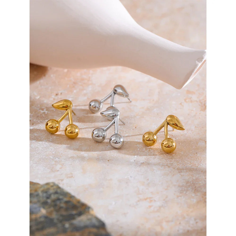 Yhpup 316L Stainless Steel Metal Chic Cherry Golden Stud Earrings Water Resistant Charm Fashion Jewelry 18K PVD Plated Wholesale