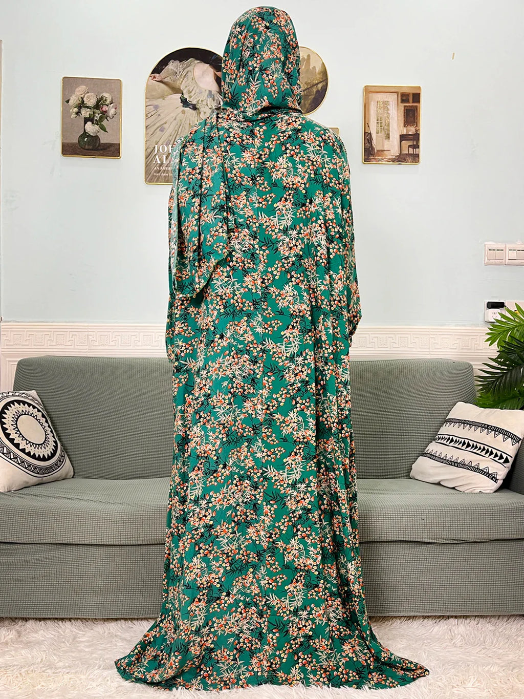 Women's Traditional Floral Ramadan Muslim Cotton Abayas Garment with attached Headscarf