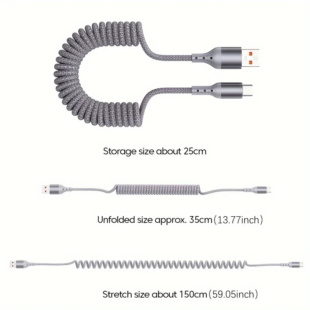 100W USB Type C Spring Car Fast Charging Cable for Samsung Xiaomi Huawei 60W USB C Data Cord for iPhone 15 Huawei USB C Wire