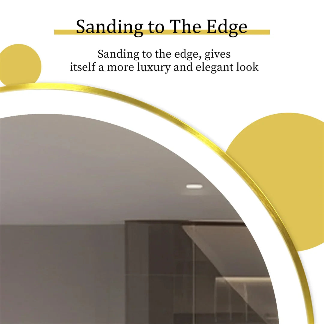 LUVODI 24 Inch Gold Frame Round Bathroom Mirror with Lights Illuminate Wall Vanity Mirror 3 Color Dimmable Anti-Fog Smart Mirror