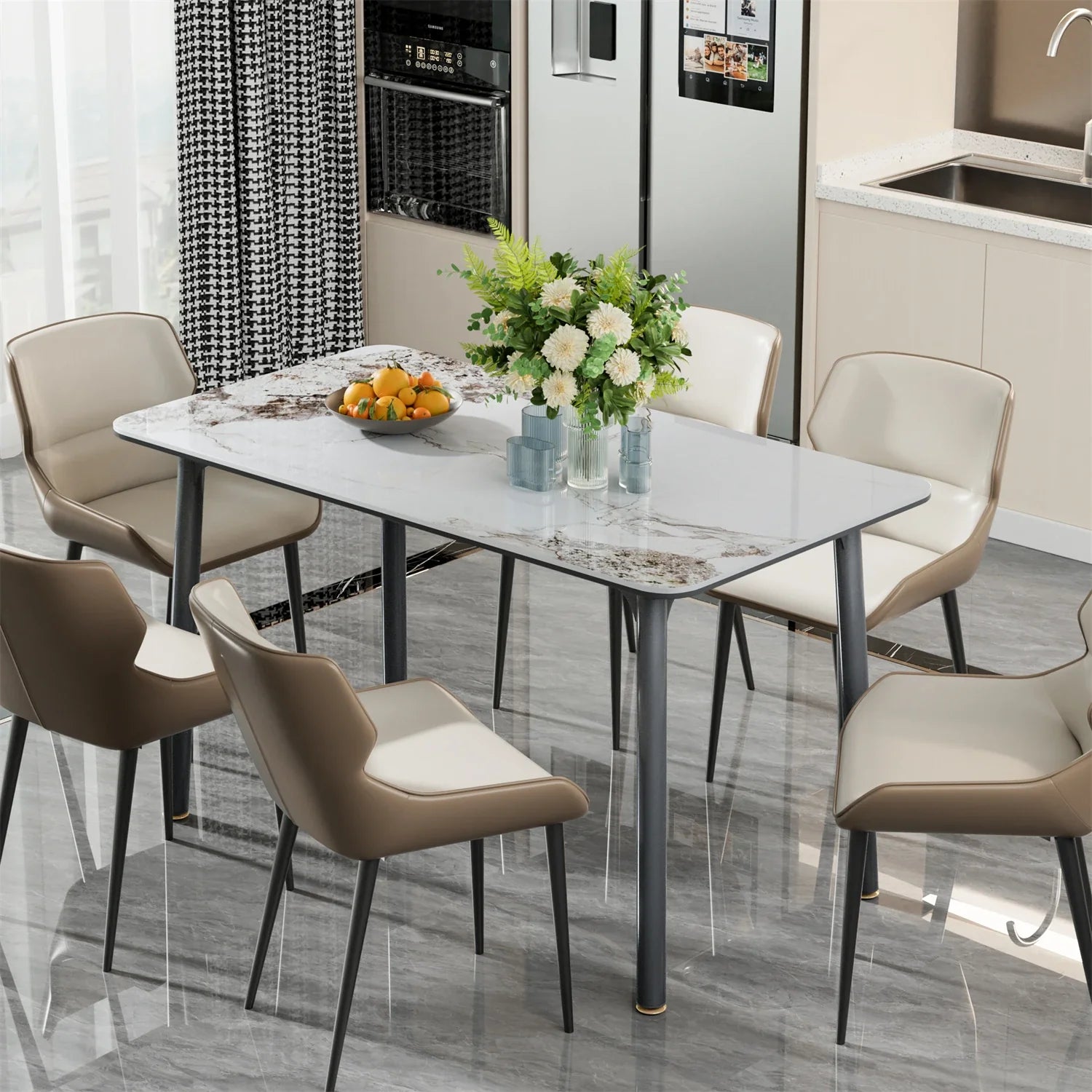 Ink Texture Sintered Stone & Glass Top Kitchen Dining Table No Chairs Rectangle Slate Dinner Table for Restaurant Cafe 1.4/1.6M