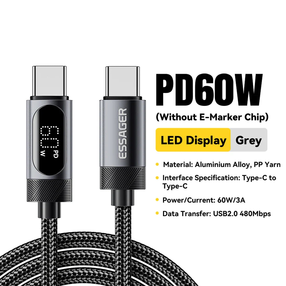 Essager Digital Dispaly USB C Cable For iPhone 16 15 Xiaomi Huawei 100W PD Fast Charging For Macbook iPad Type C to Type C Cable