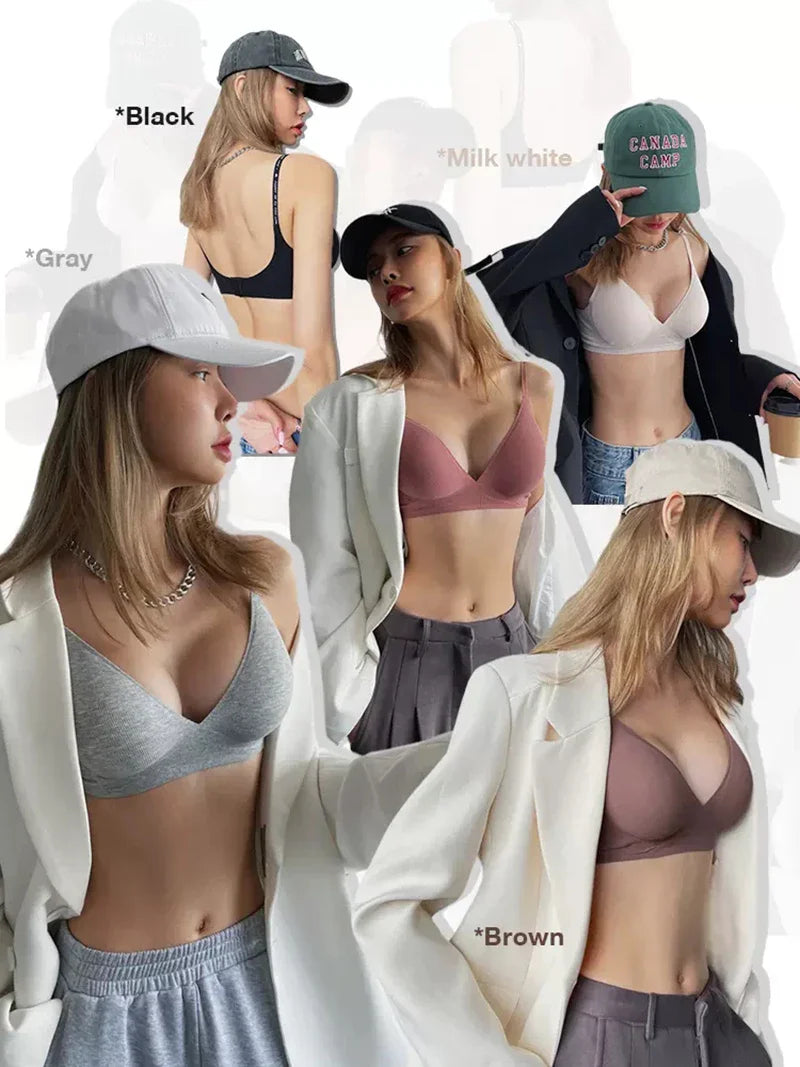 FINETOO Women Wireless Bra Deep V Padded Bralette S-XL Trendy Stripe Knitting Bras Sexy Ladies Brassiere Solid Underwear 6 Color
