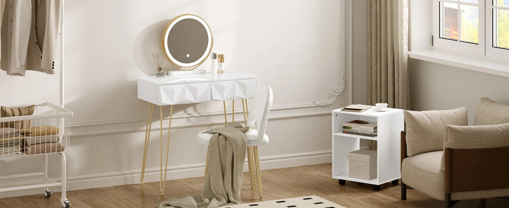 Dressing Table Vanity Cosmetic Table dresser with LED Light in 3 Light Colours  Velvet Chair 2 Drawers 360° Rotating Mirror