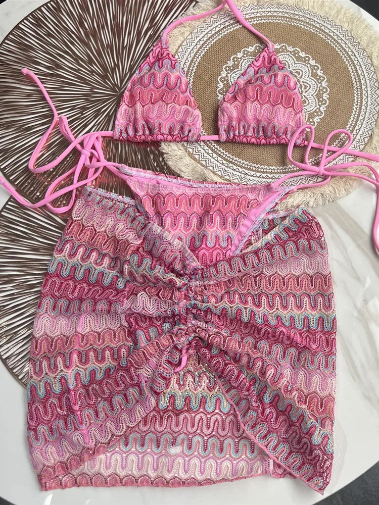 Women Swimsuit Colored Maple Leaves Knitted Bikini Skirt Three-Piece Set Split Swimsuit Bikini