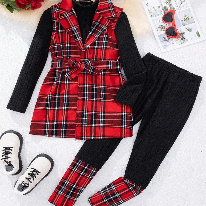 Winter Girls Three Piece Set Cute Warm Plaid Printed Jacket Long Sleeved Pants Princess Style Birthday Party Dress