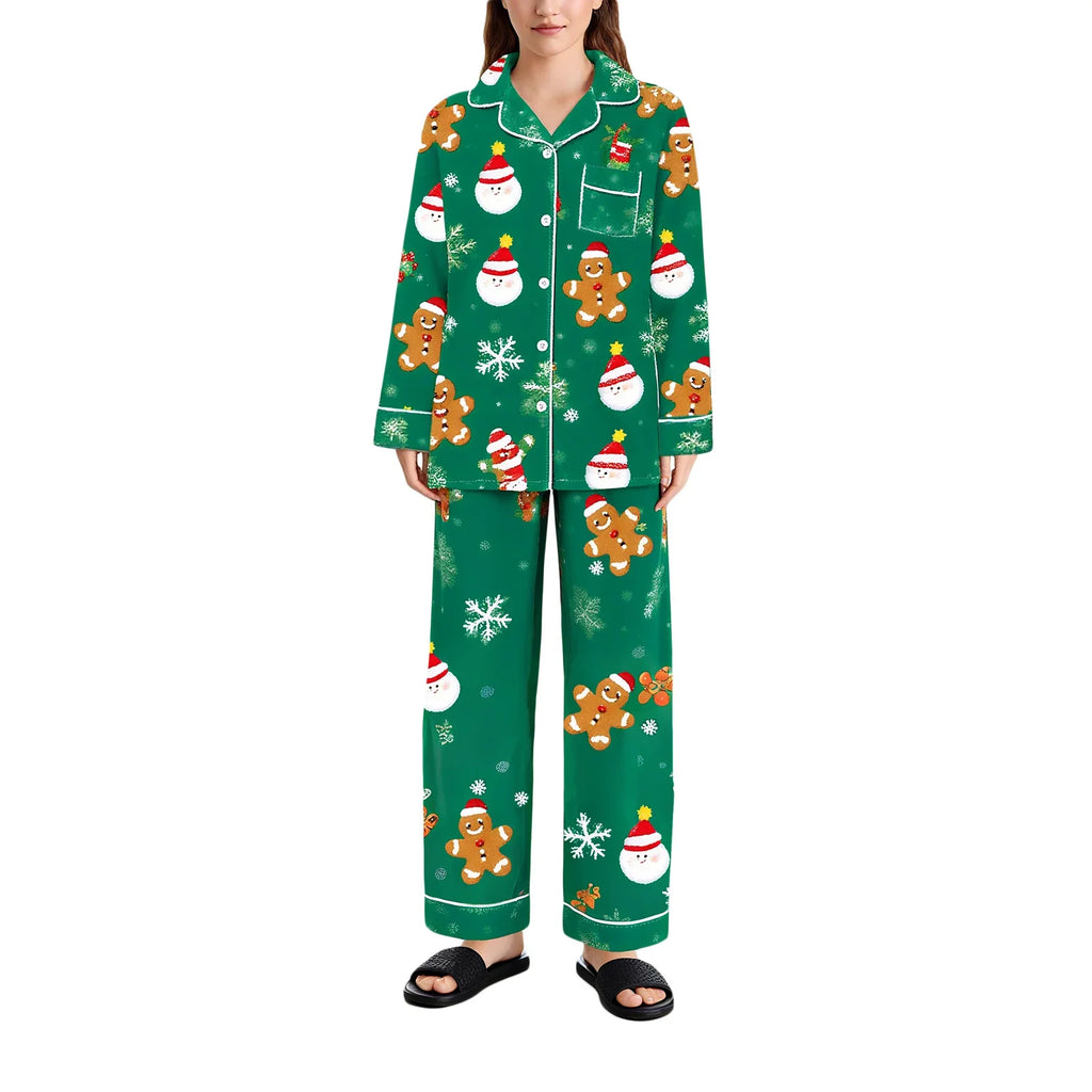 Women's Satin Pajama Set Santa Claus Print Long Sleeve Button up Shirt And Pants for Christmas Loungewear