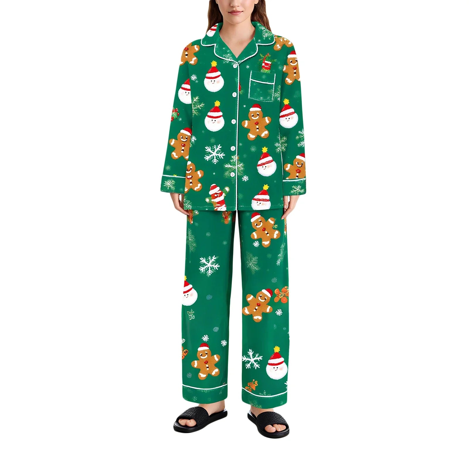 Women's Satin Pajama Set Santa Claus Print Long Sleeve Button up Shirt And Pants for Christmas Loungewear