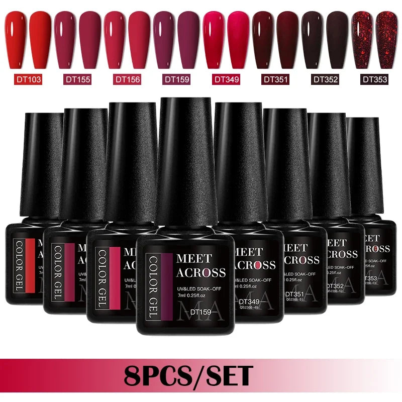 MEET ACROSS 8Pcs/Set Gel Nail Polish Set for All Season Neon Marcaron Green Red Series UV Gel Varnish Manicure Kit Nail Supplies