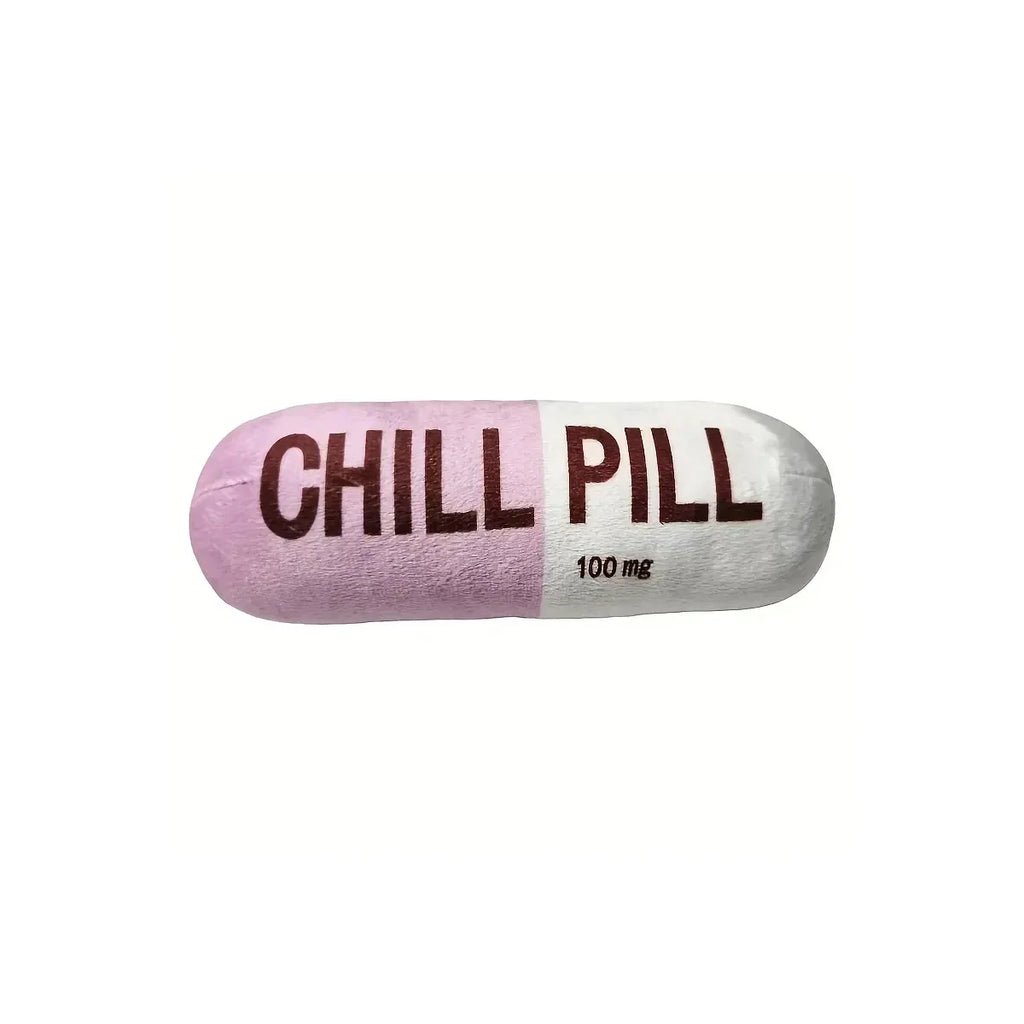 Interactive Plush “Chill Pill” Dog Toy with Squeaker – Soft Bite-Resistant Chew Toy for Pets