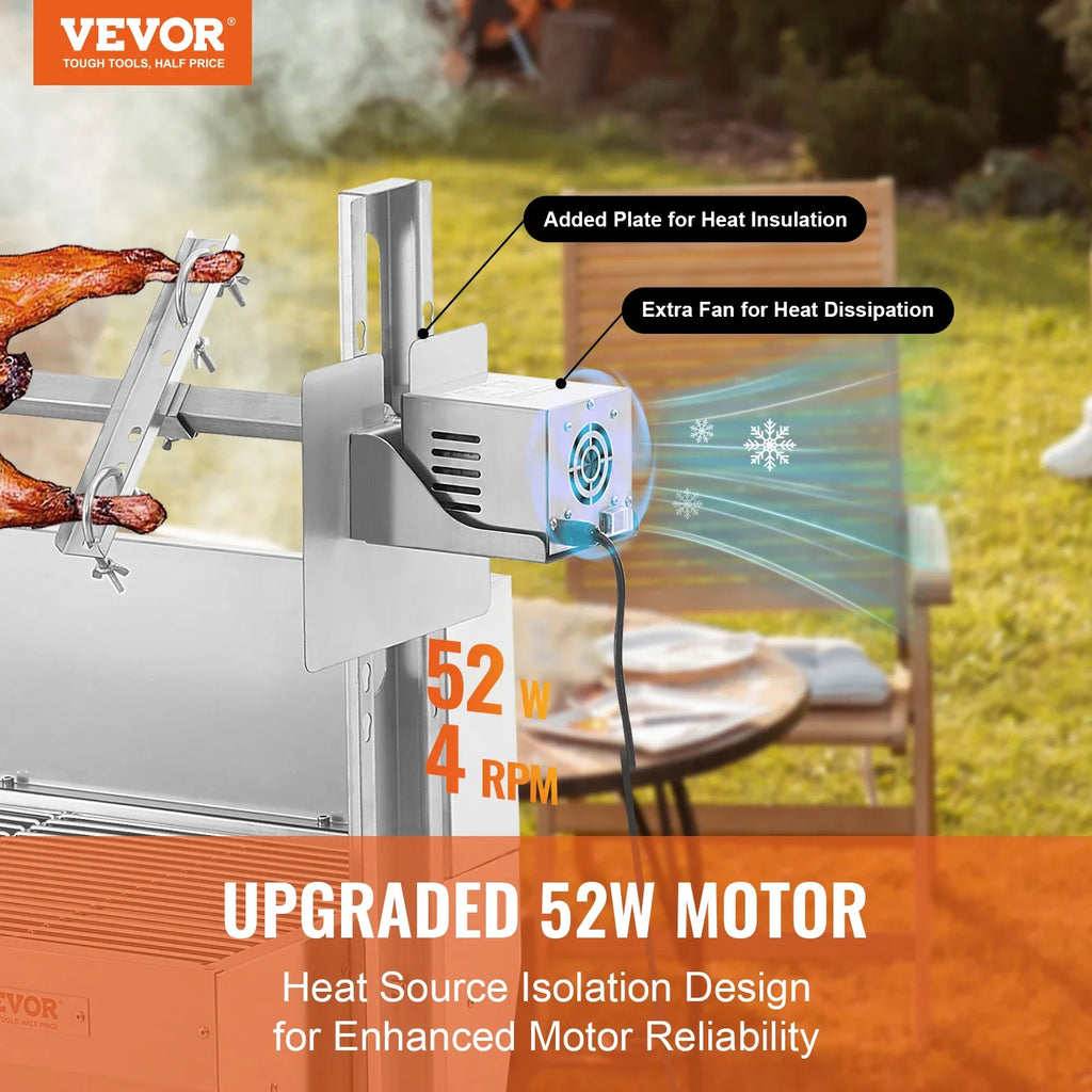 VEVOR 46inch Rotisserie Grill with Windscreen Charcoal Spit Grill 132 Lbs Capacity Stainless Steel Roaster with Lockable Wheels