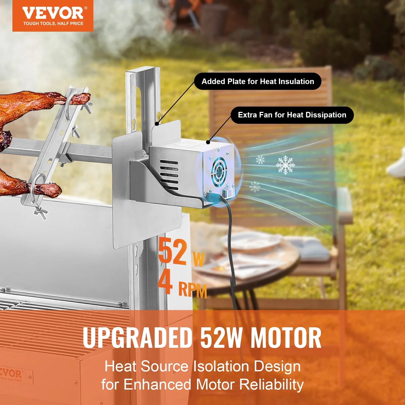 VEVOR 46inch Rotisserie Grill with Windscreen Charcoal Spit Grill 132 Lbs Capacity Stainless Steel Roaster with Lockable Wheels