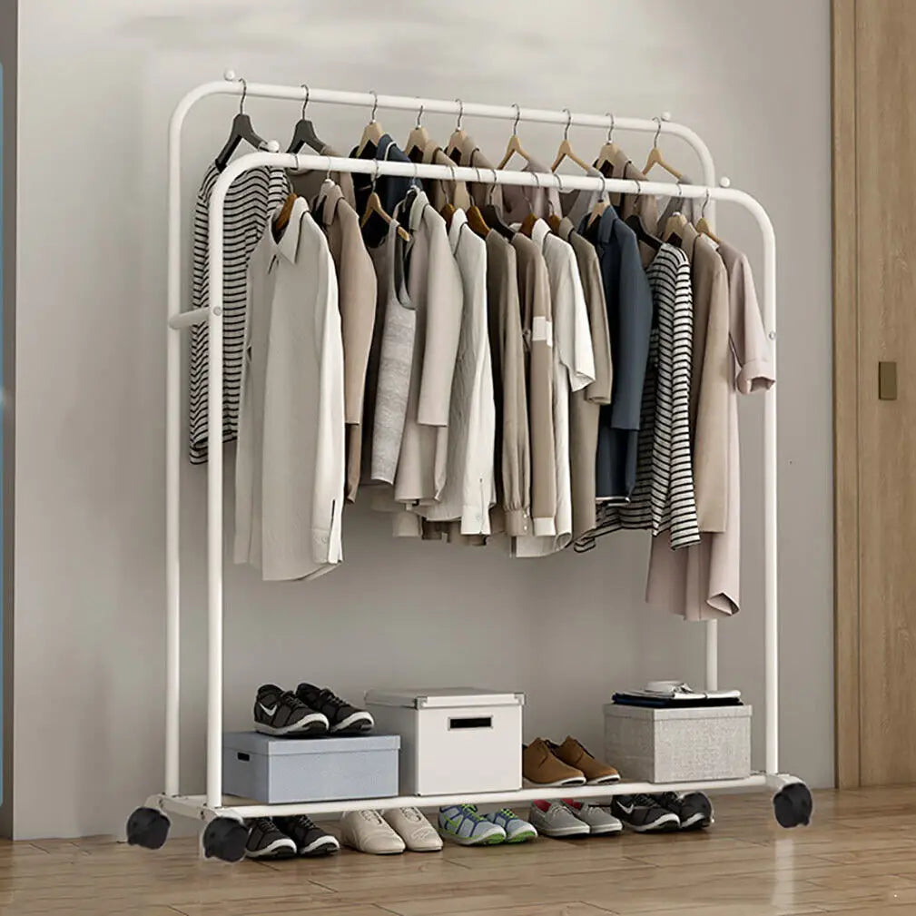 Heavy Metal Clothing Garment Rack, Cloth Hanger, Display Rack Stand with Wheel and Storage, Two Top Rod