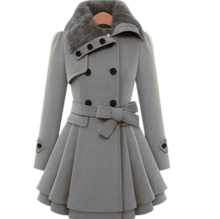 Women's Long Slimming Woollen Jacket Double Row Buttoned Narrow Fit Casual
