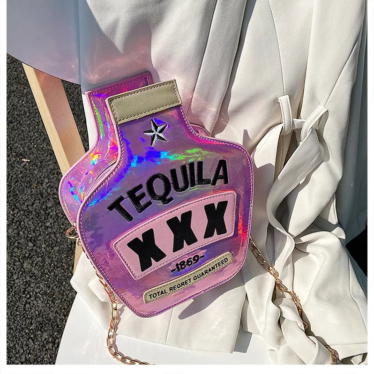 Ladies Fashion Creative Funny Personalized Laser Sequin Letter Wine Bottle Crossbody Shoulder Bag