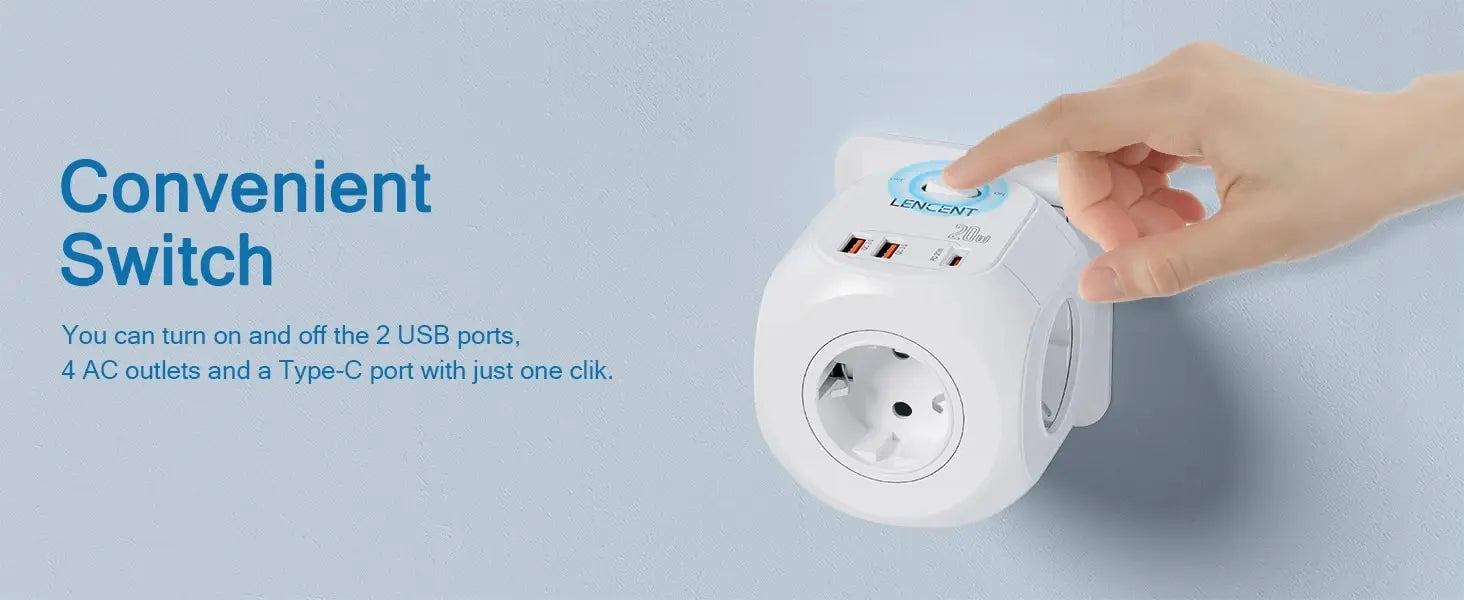 LENCENT EU Plug Wall Socket Extender with 4 AC +QC3.0USBX2 +1 Type C PD20W Fast Charger Adapter 7-in-1 Socket On/Off Switch