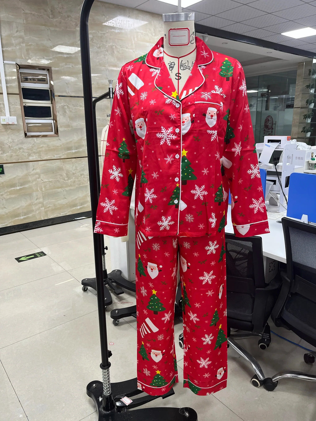Women's Satin Pajama Set Santa Claus Print Long Sleeve Button up Shirt And Pants for Christmas Loungewear