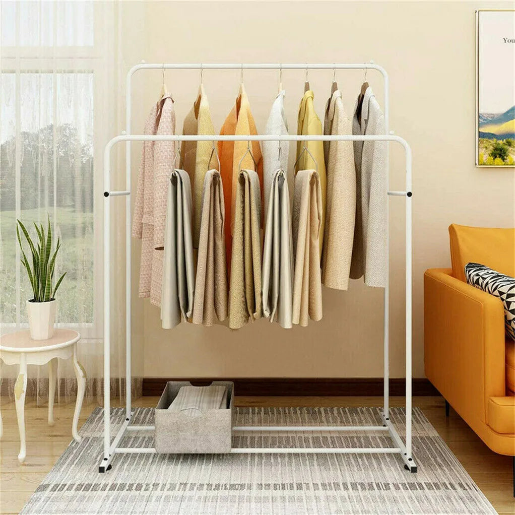 Heavy Metal Clothing Garment Rack, Cloth Hanger, Display Rack Stand with Wheel and Storage, Two Top Rod