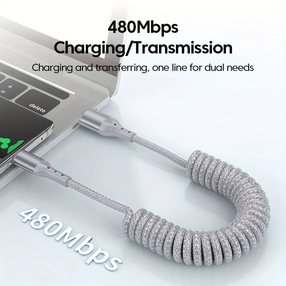 100W USB Type C Spring Car Fast Charging Cable for Samsung Xiaomi Huawei 60W USB C Data Cord for iPhone 15 Huawei USB C Wire