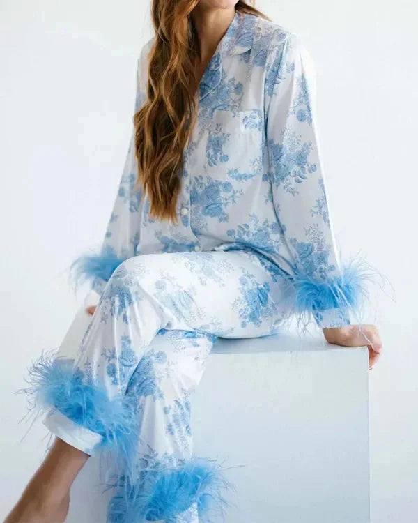 Women's Christmas Tree Plaid Satin Print Pajama Set Autumn Winter Home Sleepwear Long Sleeve Ankle-Length Pants Mid-Waist