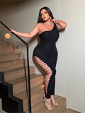Women's Sexy One-Shoulder Black Jumpsuit with Fishnet Cutout Slim Fit Club Party Ankle-Length Polyester Nylon Blend