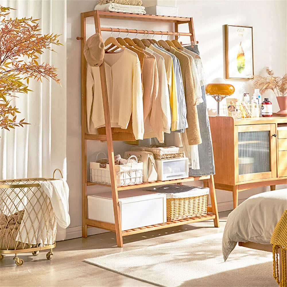 Bamboo Clothes Rail Rack Garment Stand with Top Shelf Shoe Storage Ladder Rails Hanging Display