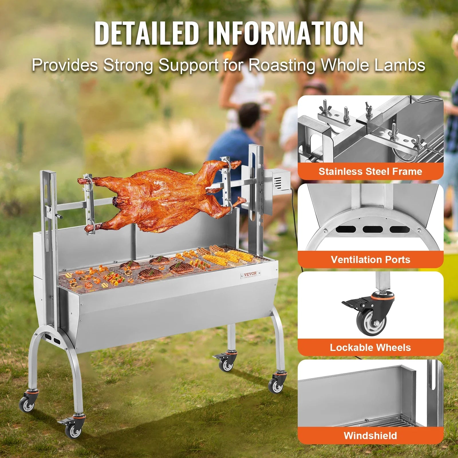 VEVOR 46inch Rotisserie Grill with Windscreen Charcoal Spit Grill 132 Lbs Capacity Stainless Steel Roaster with Lockable Wheels