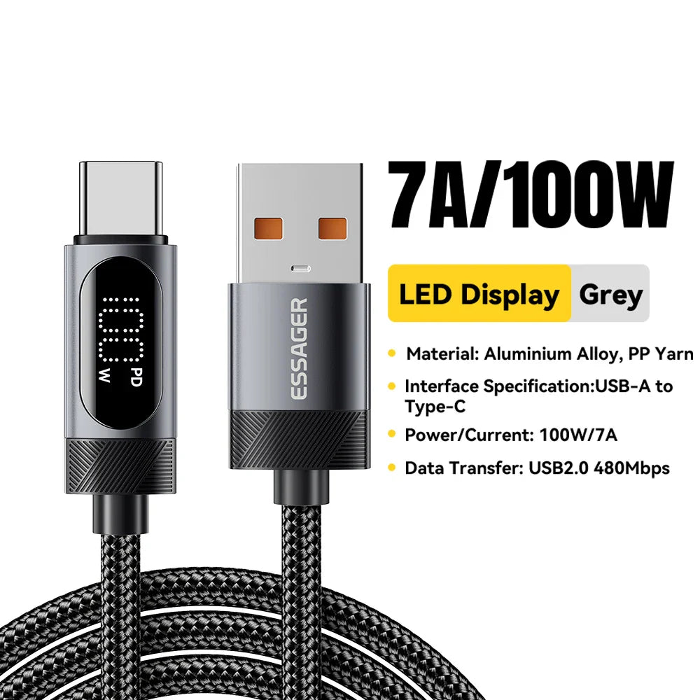 Essager Digital Dispaly USB C Cable For iPhone 16 15 Xiaomi Huawei 100W PD Fast Charging For Macbook iPad Type C to Type C Cable